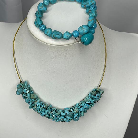 turquoise colored blue stone chip necklace and coordinating bracelet set boho - Picture 8 of 14